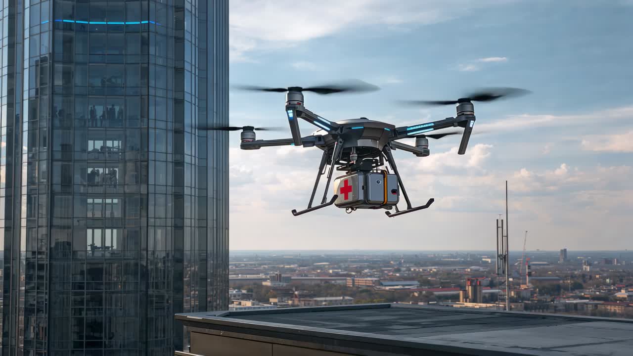 Approaching six-rotor medical drone lowering to rooftop edge after dispatch, redcross box
