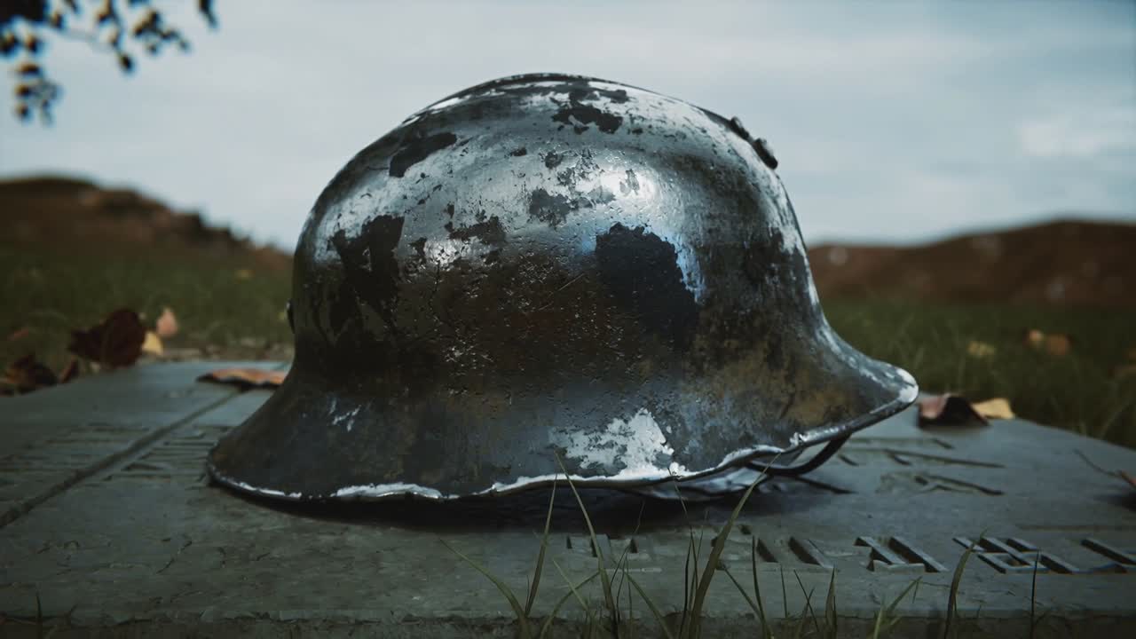 Pulling close-up on dented helmet and panning back in memorial field with stone slab and leaves
