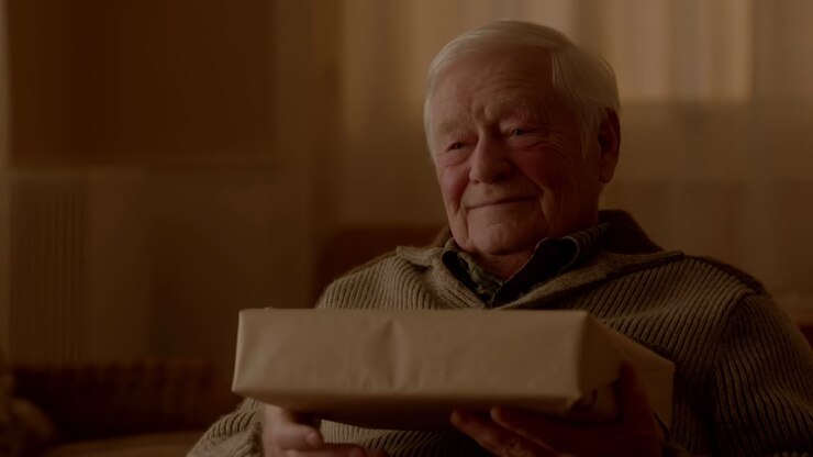 Anziano uomo bianco che tiene un regalo incartato in un caldo soggiorno, sorridendo con orgoglio nostalgico e indossando un maglione di lana.