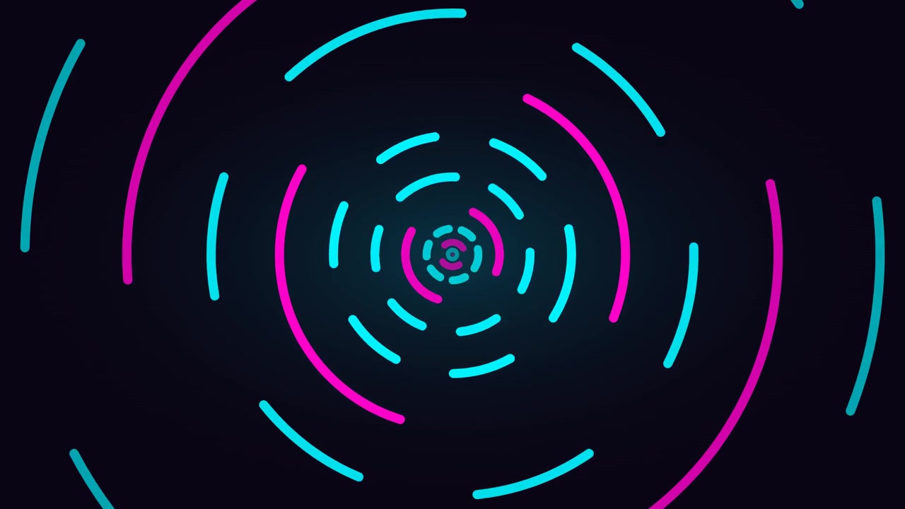 Sfondo astratto in movimento con cerchi tratteggiati neon rosa e blu rotanti.