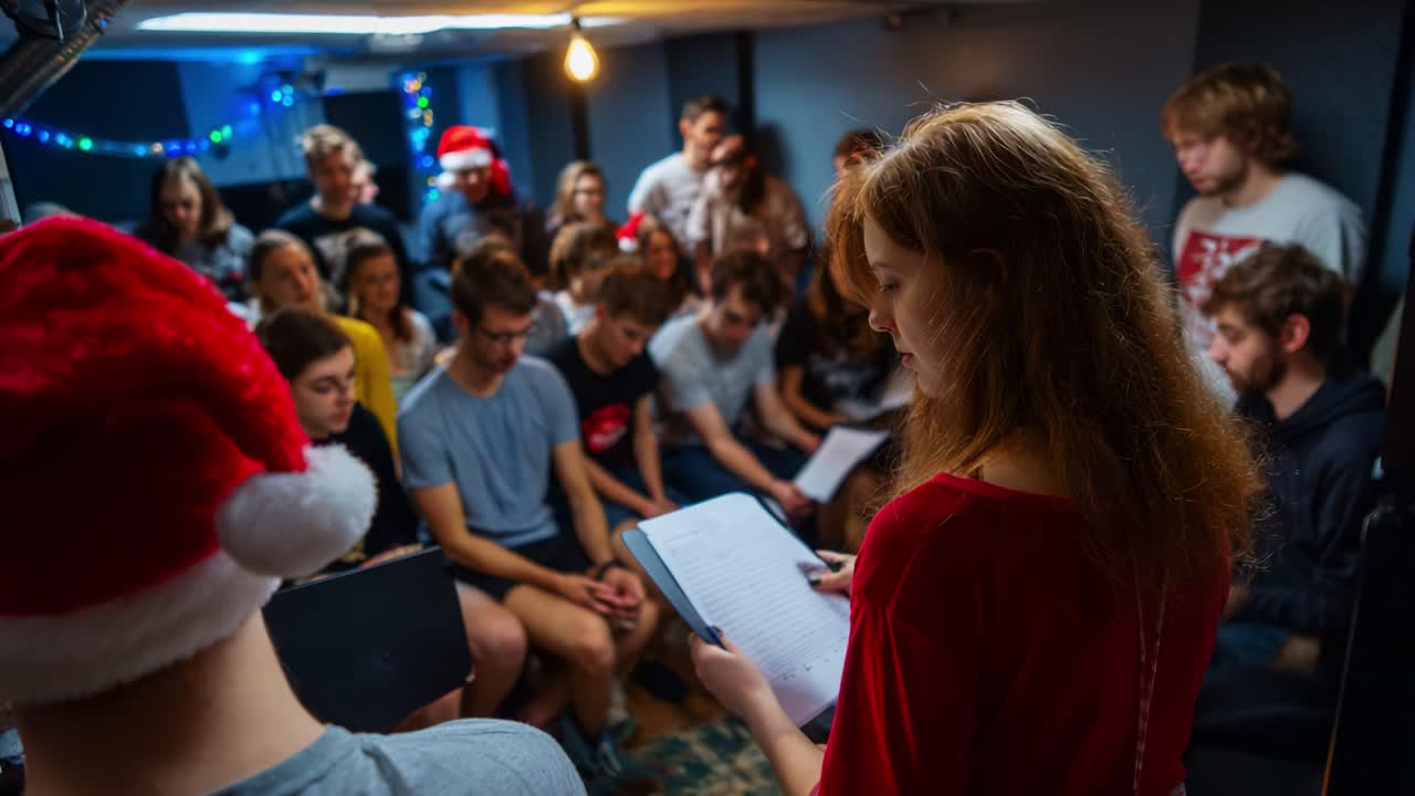A lively gathering of friends and enthusiasts participating in a festive music rehearsal session under warm lighting, showcasing a blend of excitement, focus, and creative collaboration during the holiday spirit