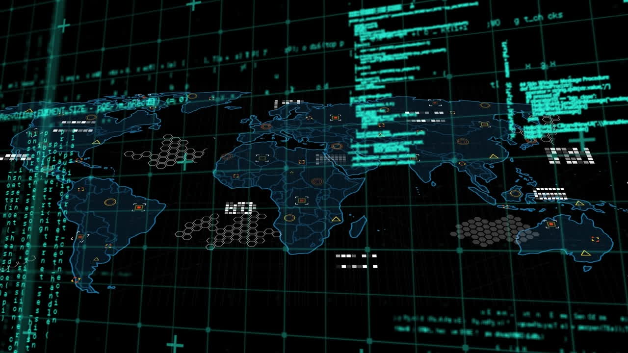 Animation of map and computer language with circuit board pattern on map over black background