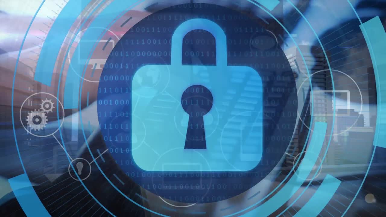 animación de un candado digital en círculos sobre las manos de un hombre caucásico escribiendo en una computadora portátil.