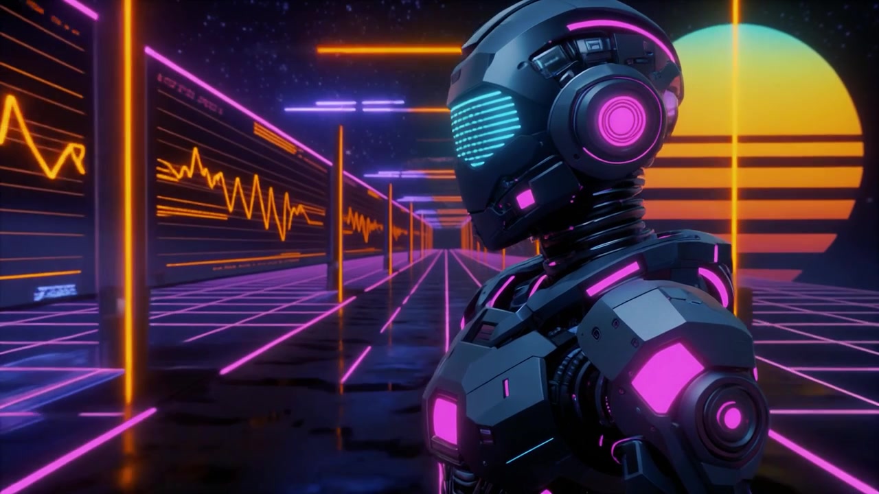 Futuristic Cyborg Standing in a Neon Synthwave Digital Landscape