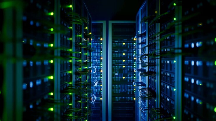Data center corridor displays server cabinets with small lights and cable connections, captured in balanced frontal view with blue and green tones highlighting technical equipment and infrastructure.