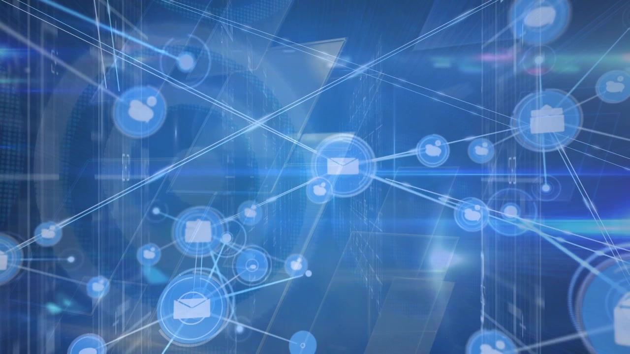 Animation of network of connections over blue digital space