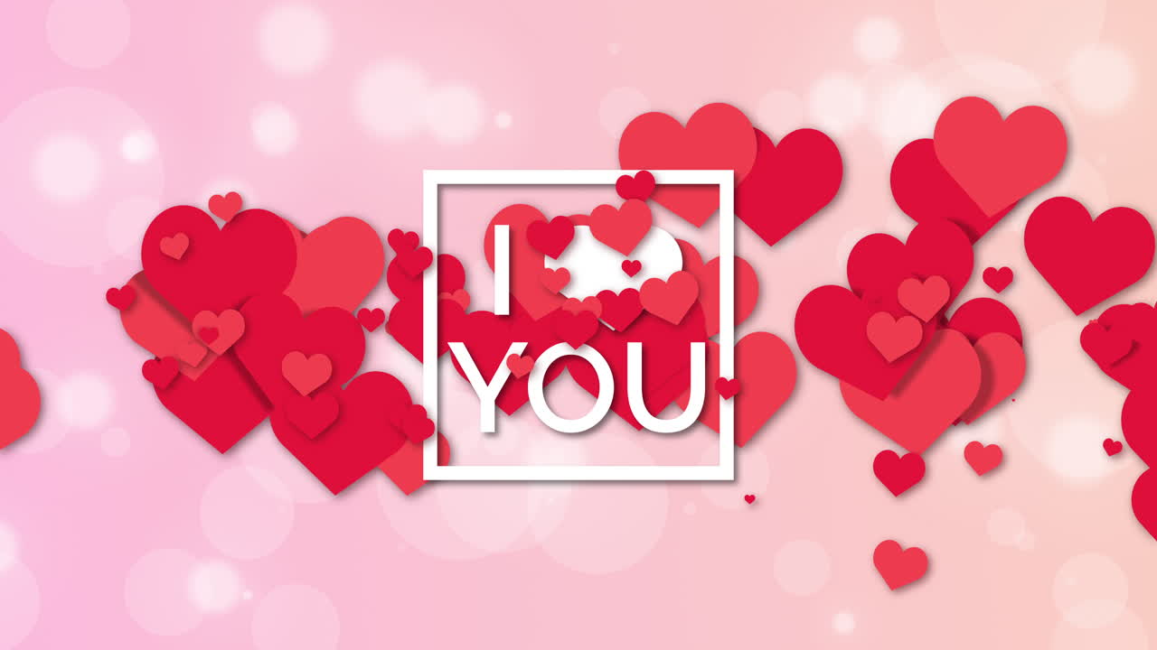 Pink background with animation of love symbol hearts. Lettering I love you. Happy valentines day and weeding design elements.