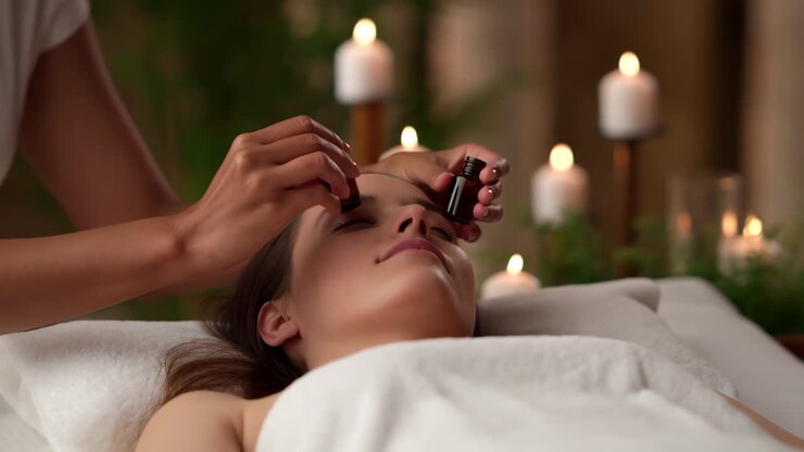 Kvinde får en afslappende spa-ansigtsbehandling med æteriske olier