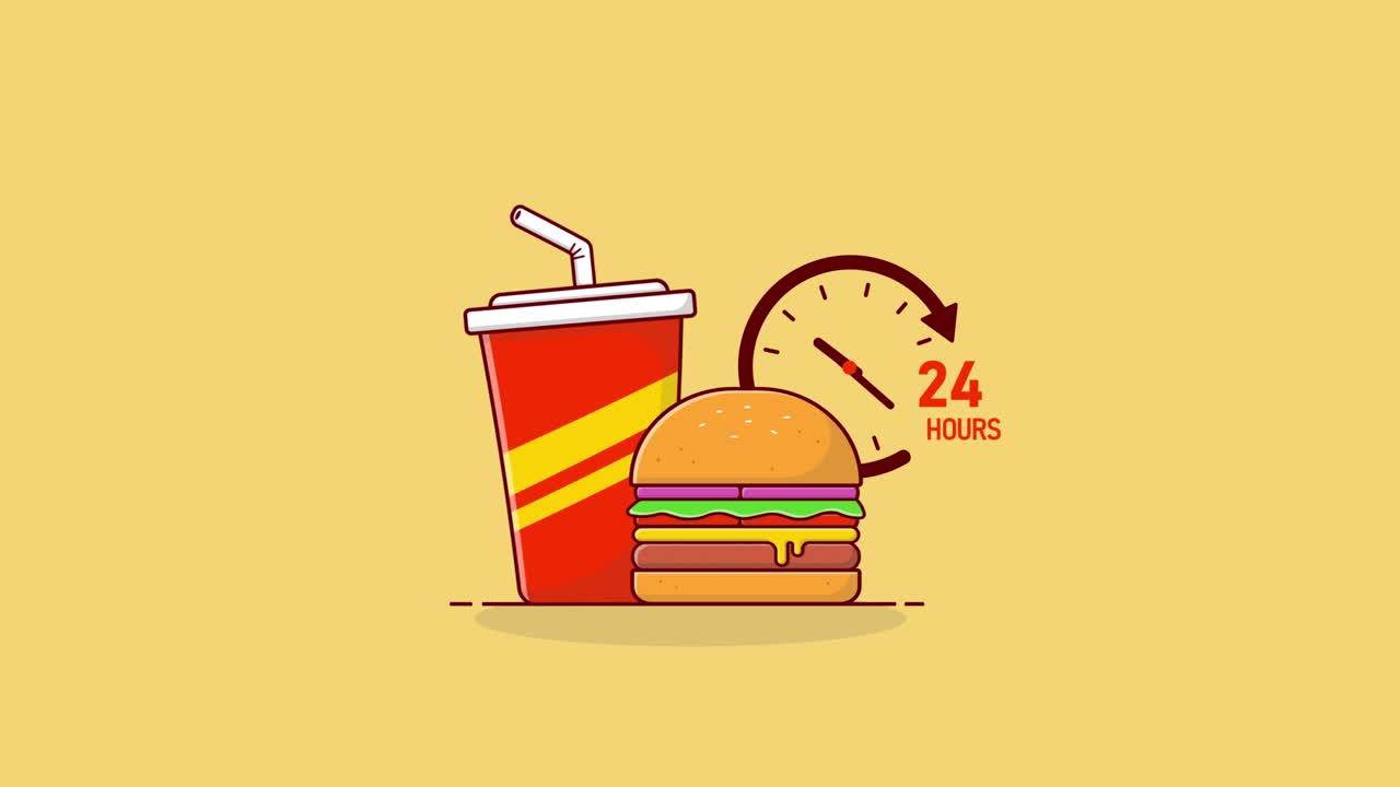 Hamburger e bibita fast food animati con servizio 24 ore su 24