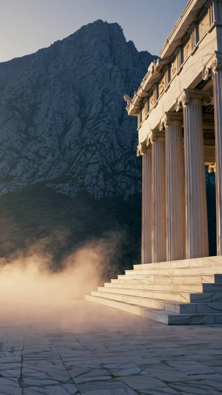 Video still of ancient Greek temple at sunrise, captured from a low angle