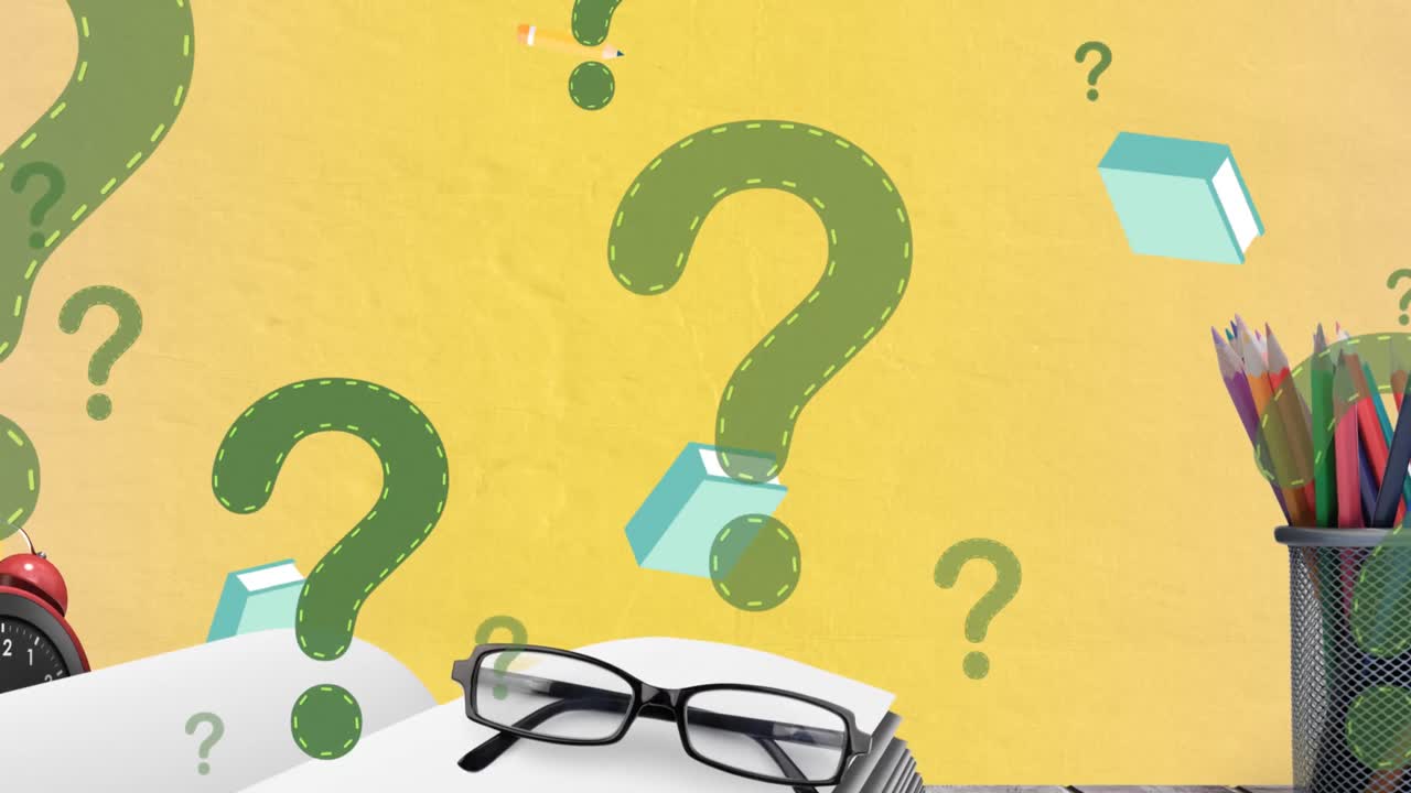 노란색 배경에 있는 학교 아이콘 위에 물음표의 애니메이션