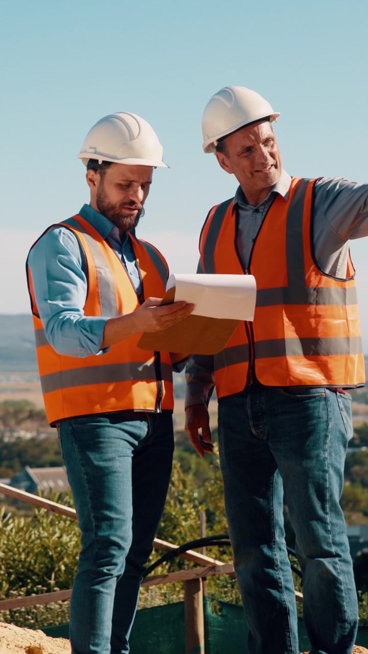 Two Construction Engineers Reviewing Blueprints on a Building Site