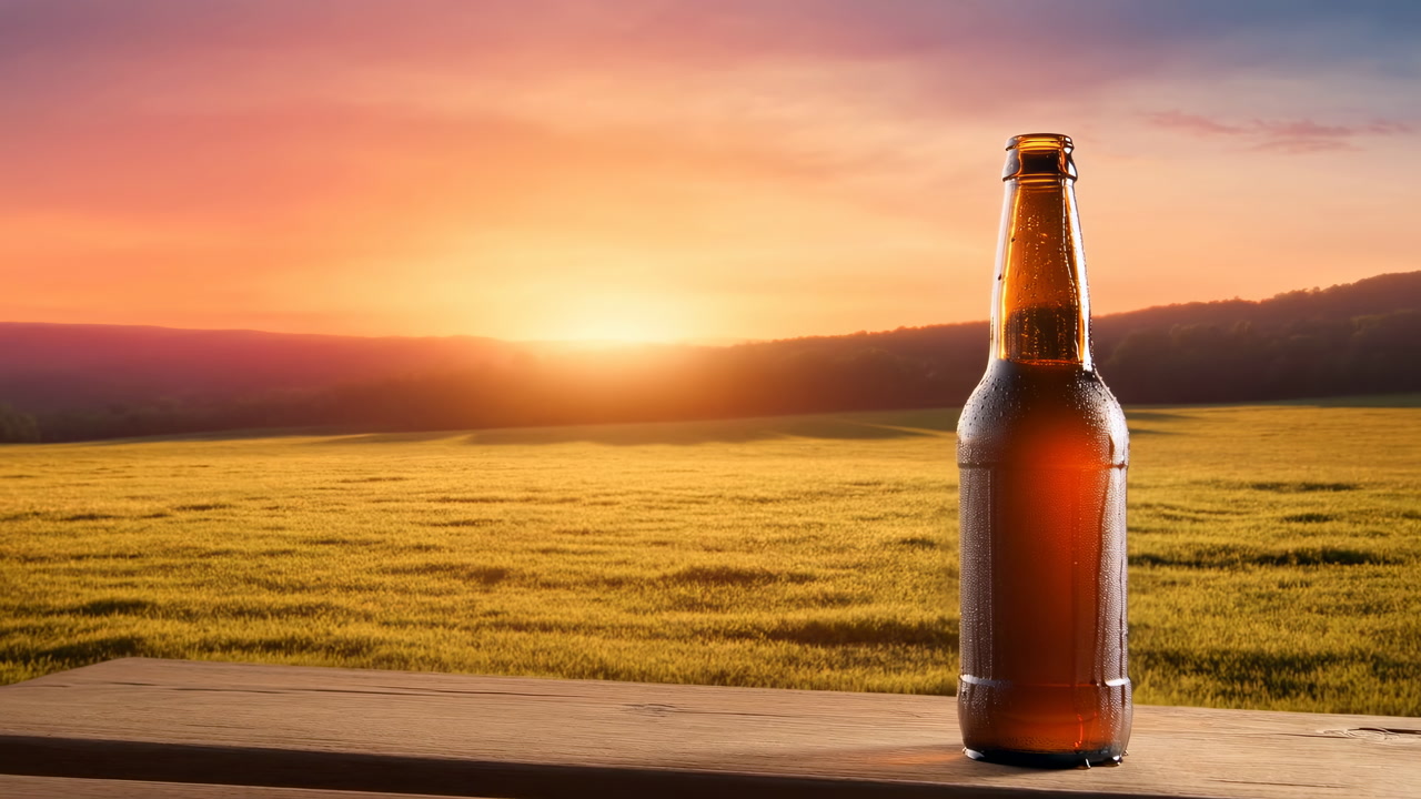 Sunset Field With Beer Bottle On Wooden Table, Warm Golden Light, Amber Glass Beaded With Condensation,