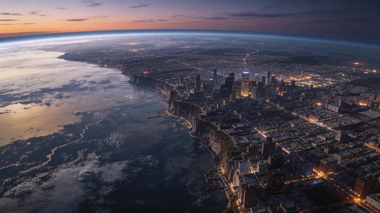 Telecamera aerea che avanza seguendo il bagliore dell'orizzonte, rivelando lo skyline costiero e i moli illuminati all'alba.