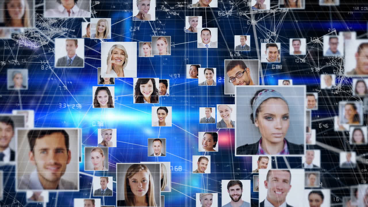 red de conexiones y procesamiento de datos animación sobre retratos de diversas personas