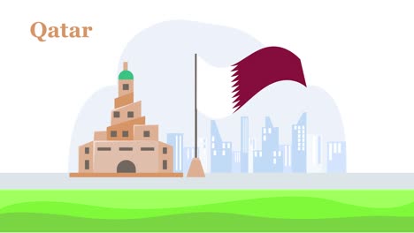 qatar national flag with fanar mosque buildings