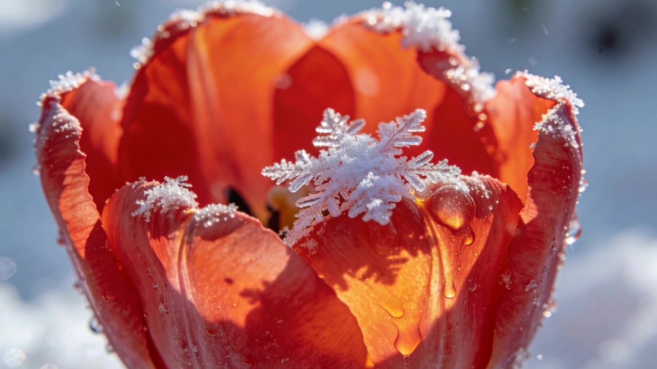 Sole che scioglie, facendo sì che un fiocco di neve cristallino rilasci goccioline che scivolano su un petalo di tulipano rosso-arancio nella neve.