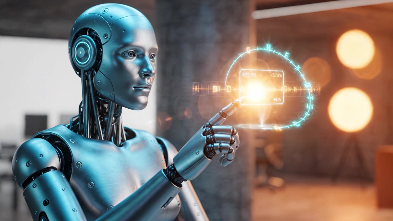 A futuristic robotic figure interacts with holographic interfaces, demonstrating advanced technology and artificial intelligence in a modern environment.