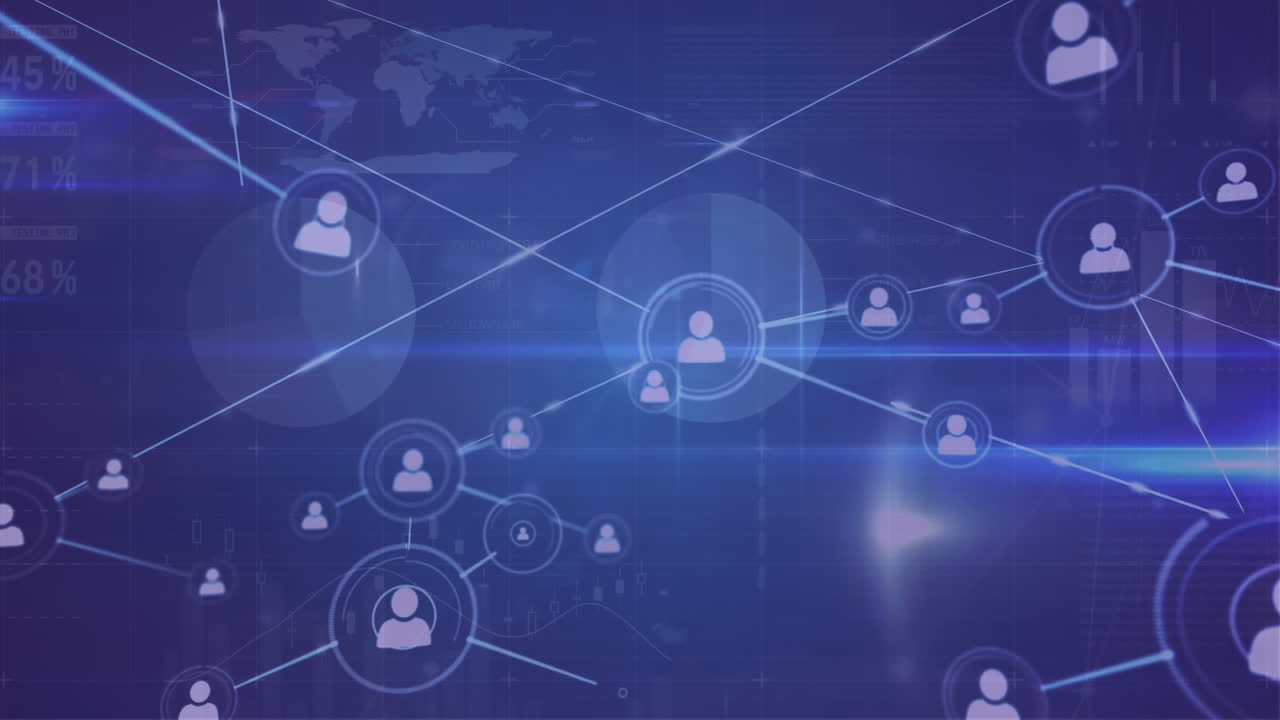 animación de la red de iconos de perfil, procesamiento de datos estadísticos y punto de luz sobre fondo azul