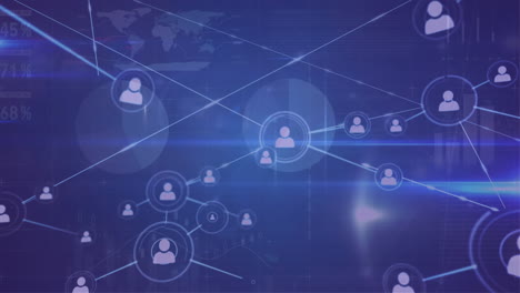 animation of network of profile icons, statistical data processing and light spot on blue background