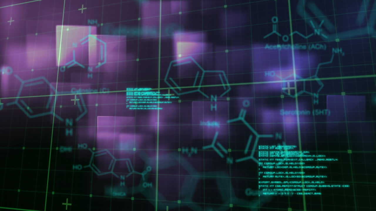 Animation of data processing and chemical formula over glowing squares on black backrgound