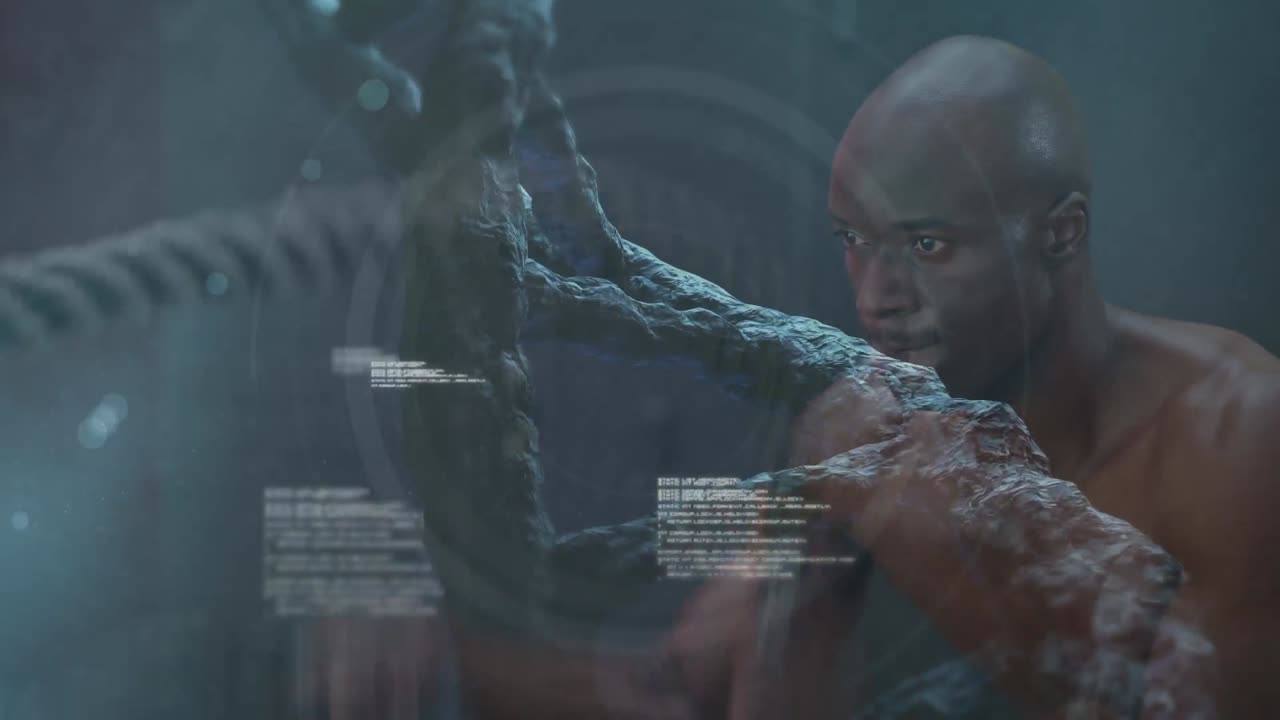 Animation of dna strand spinning over data processing and exercising strongman