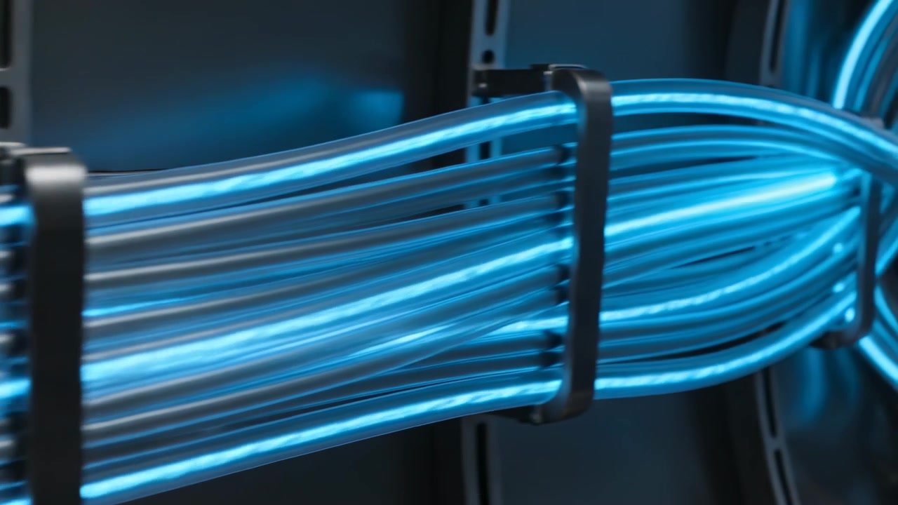 Responding to moving blue light, translucent cable bundle bowing into loop inside rack with clamps