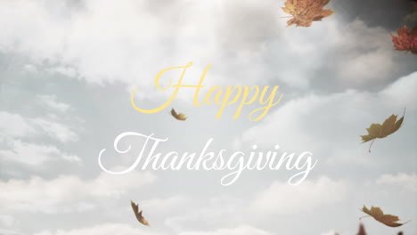 happy thanksgiving text animation over falling autumn leaves and cloudy sky