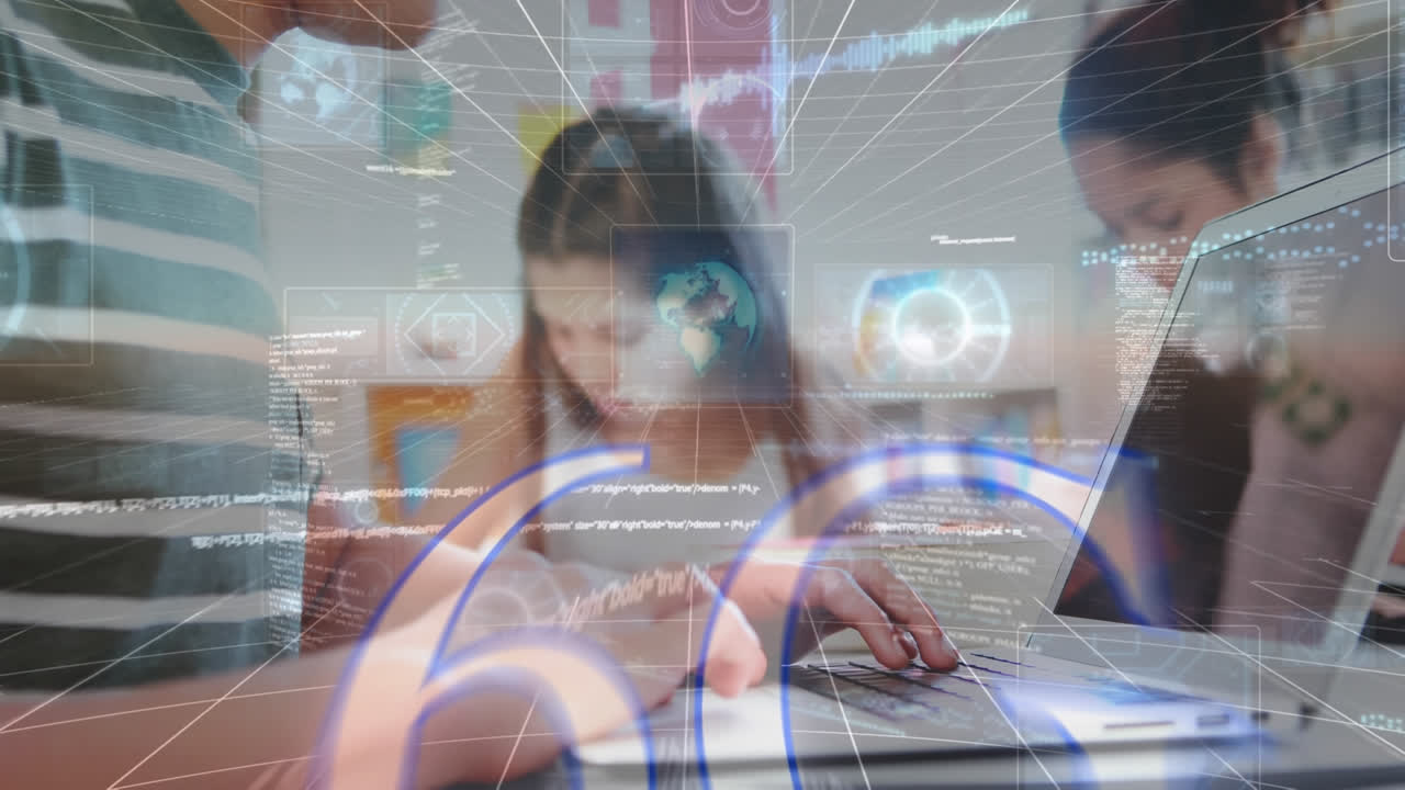 vr 헤드 ⁇ 을 착용한 미소 짓는 사업가들에 대한 데이터 처리 애니메이션