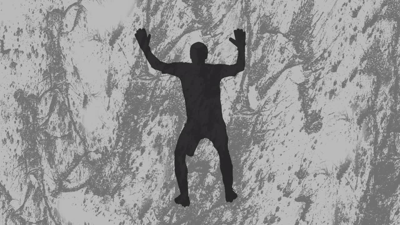 회색 배경의 모양 위에 음성 거품과 함께 footabll 플레이어 실루의 애니메이션