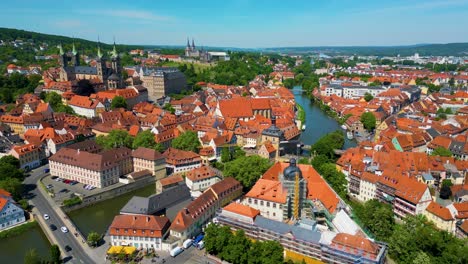 4K Aerial Drone Video of the Historic Bamberg Cathedral and Michaelsberg Abbey along the Regnitz River in the Old Town area of Downtown Bamberg, Germany