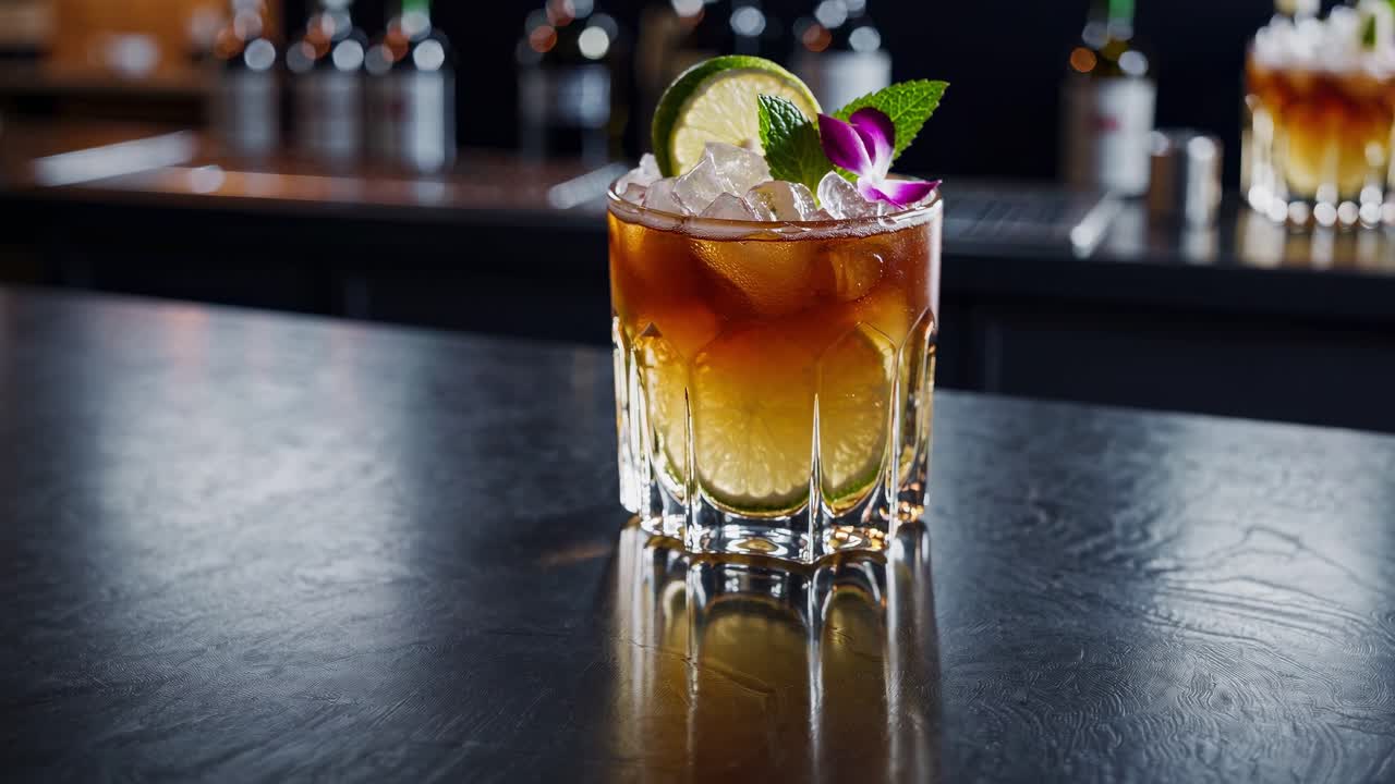 Tropical Elegance cocktail is garnished with a lime wheel, mint sprig, and orchid flower, sitting on a bar counter with a blurred background of liquor bottles