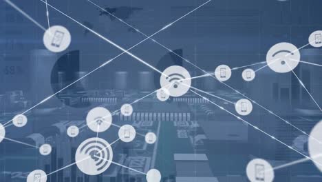 Animation-of-network-of-connections-with-icons-and-data-processing-over-computer-circuit-board