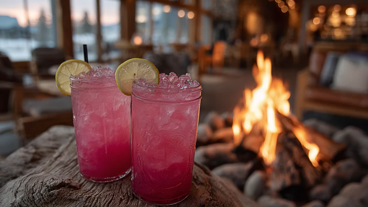 A Cozy Retreat Featuring Refreshing Pink Drinks with Lemon Slices, Set Against a Warm Fire and Inviting Atmosphere in a Rustic Lounge Area