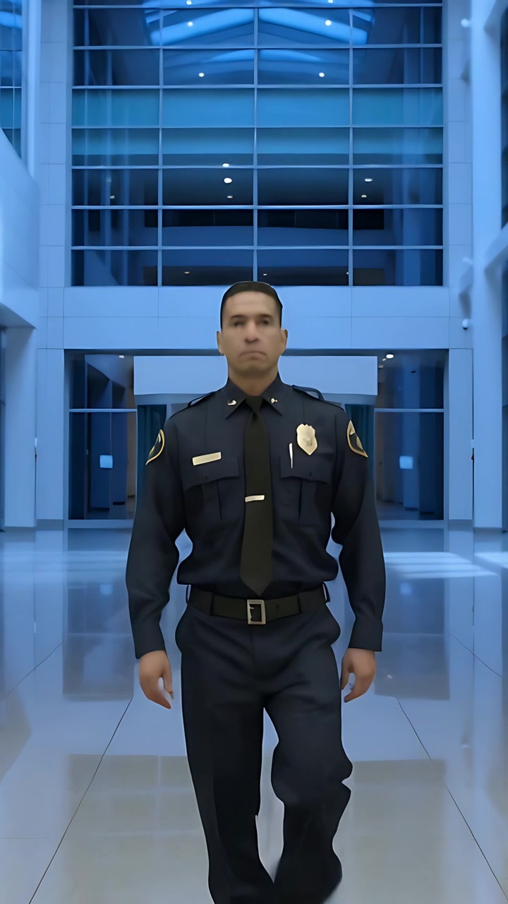 Vertical video: Walking uniformed officer approaching camera in glass lobby showing badge on patrol