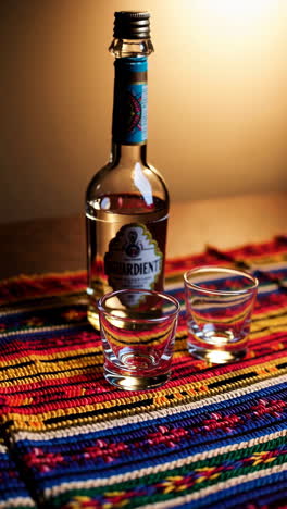 colorful tablecloth with liquor and shot glasses