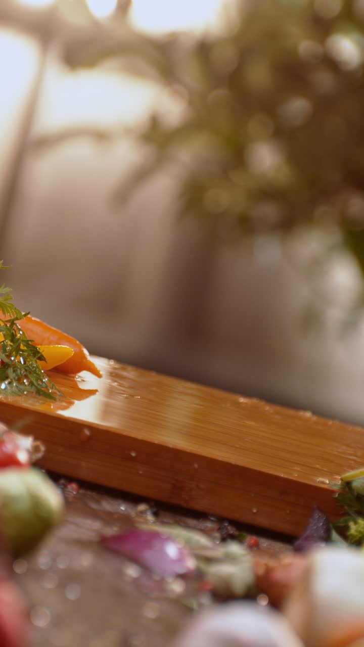 Fresh radishes on a wooden board with water splash