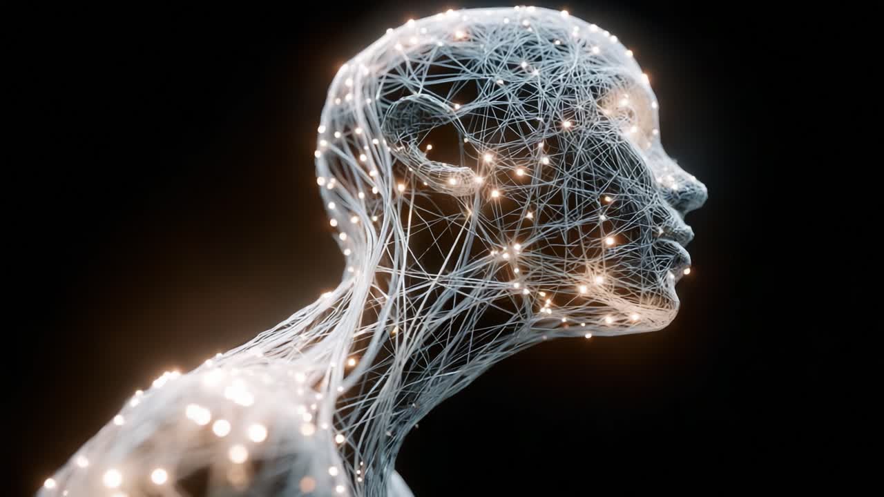 Una rappresentazione meravigliosamente astratta di una figura umana costruita con luci e linee, che unisce tecnologia e arte in una sorprendente composizione visiva