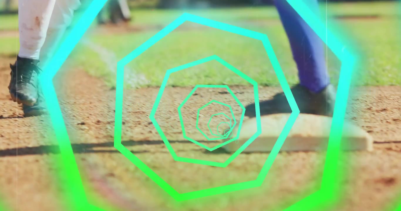 バッターボックスから飛び出し、ネオンリングが脚の周りを螺旋状に回る中、1塁へスプリントするランナー