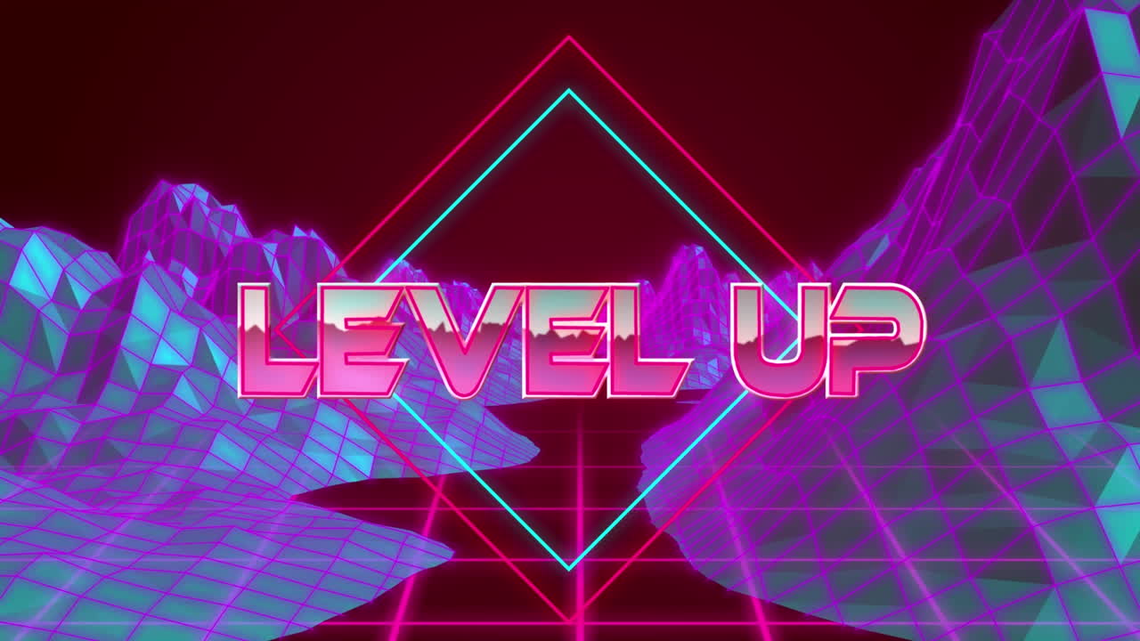 디지털 마운틴 위의 레벨 업 텍스트의 애니메이션