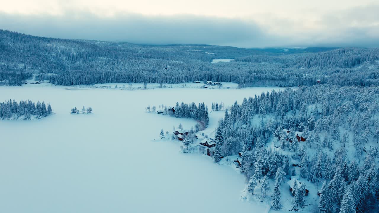 숲이 인 산 근처의 시골 집 위에서 겨울이