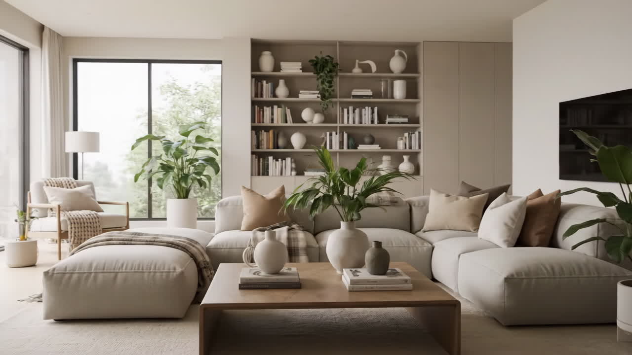 Modern Living Room Interior with Neutral Colors and Plants