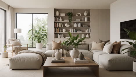 modern living room interior with neutral colors and plants