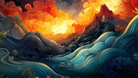 vibrant landscape with fiery skies and swirling waves during sunset