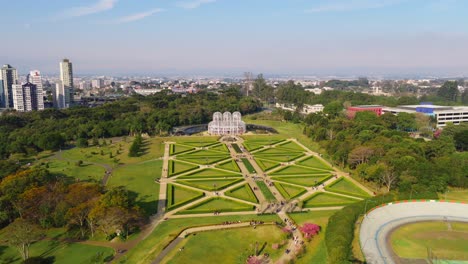 aerial view of curitiba botanical garden with its geometric gardens and city skyline in the background