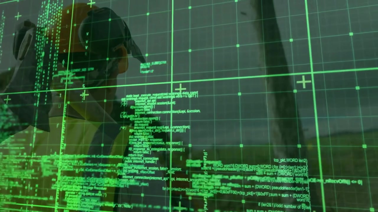 Green code grid overlay initiating inspector scanning pole during line inspection viewing AR data
