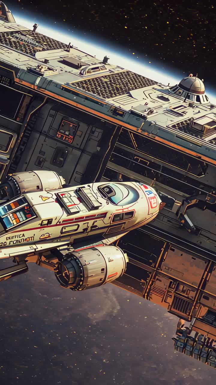 Vertical video: Maneuvering shuttle closing alongside station above planet limb, aligning to dock