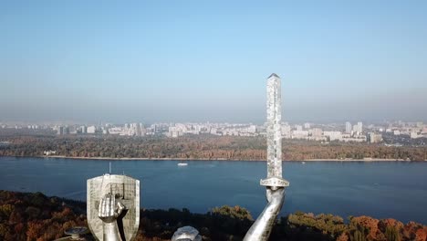 Drone-view-of-the-Motherland-Monument-from-behind-in-Kiev,-Ukraine