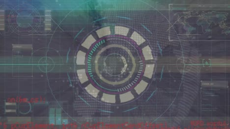 animation of data processing and globe over scope scanning