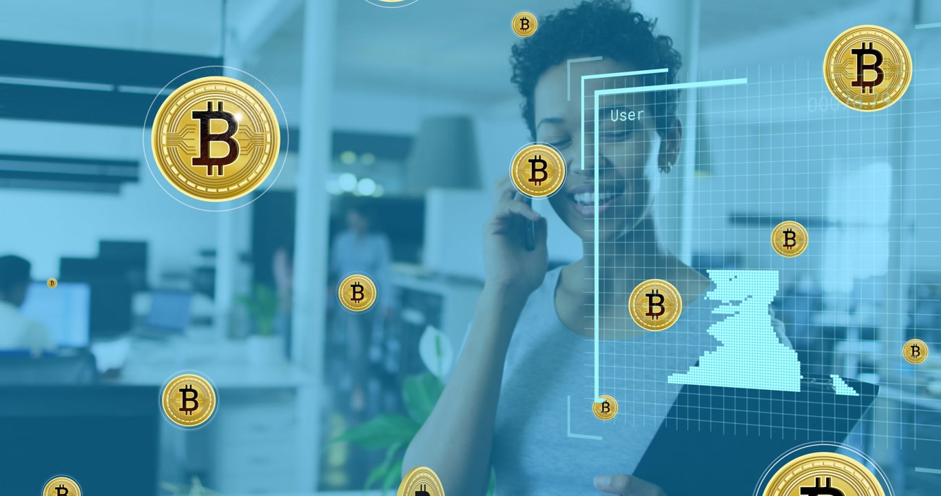 Animation of bitcoins and user photos over woman in office